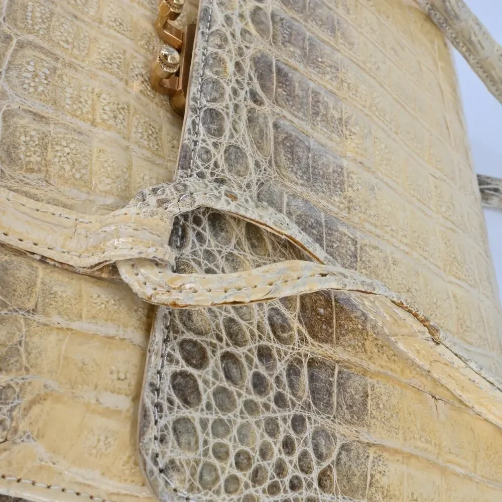 Beige Croc Leather Top Handle Bag